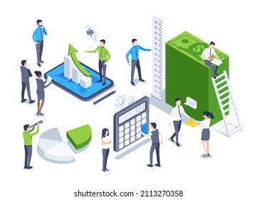isometric vector illustration on a white background, people in business clothes next to charts and a stack of dollar bills, analytics and financial work