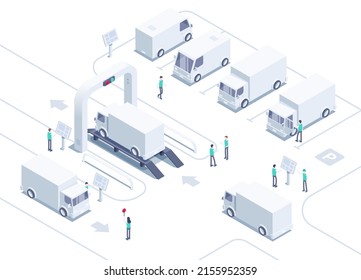 isometric vector illustration on a white background, parking and weighing trucks in production, transportation area and working maintenance personnel