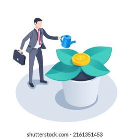 isometric vector illustration on a white background, a man in a business suit with a briefcase and a watering can watering a flower in a flowerpot with a golden coin, taking care of finances