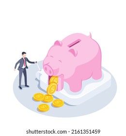 isometric vector illustration on a white background, a man in a business suit pulls the lever and the jaw drops at the piggy bank, falling gold coins with dollar icon, use of savings