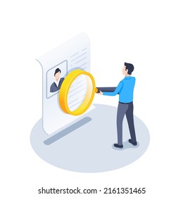 isometric vector illustration on a white background, a man with a magnifying glass stands near a paper sheet with a resume, recruitment