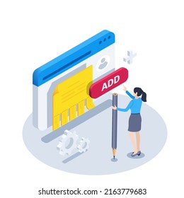 isometric vector illustration on a white background, a woman in business clothes with a pencil stands near a button with the inscription add, a program window and a paper advertisement