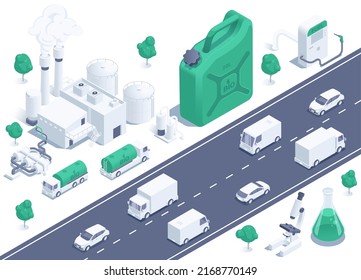 isometric vector illustration on a white background, a factory for the production of bio fuel, a canister and fuel trucks next to a dispenser, cars on the road driving on ecological biofuel