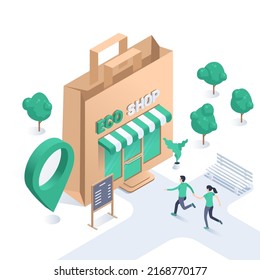 Isometric Vector Illustration On A White Background, Eco Shop In The Form Of A Paper Bag For Shopping And People Running To It, Care For Ecology And Health