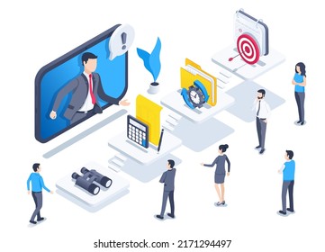 isometric vector illustration on a white background, business icons on platforms and people near them, online training to improve the level of staff