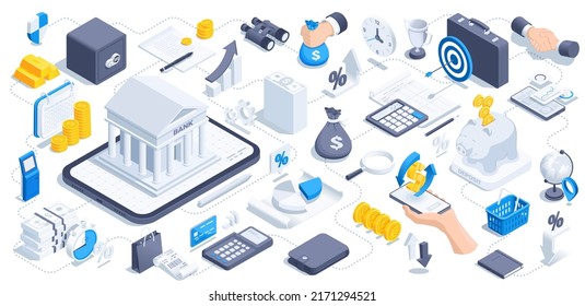 isometric vector illustration on a white background, business icons on the theme of bank and finance, money and bank building next to a safe and a wallet, banking and technology