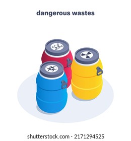 isometric vector illustration on a white background, blue with red and yellow barrels with emblems of hazardous substances, recycling and destruction of dangerous waste