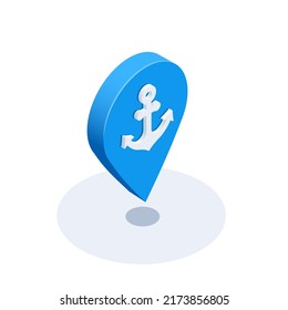 isometric vector illustration on a white background, location icon with anchor inside, sea pier pointer or map search