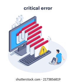 isometric vector illustration on a white background, a critical error in opening windows on a computer screen and a man sitting on the floor, virus or system failure