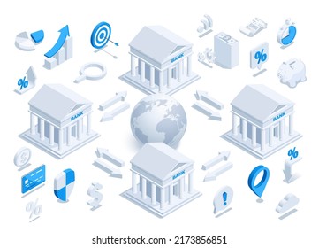 isometric vector illustration on a white background, a set of icons on the theme of banking and finance, world money transfers