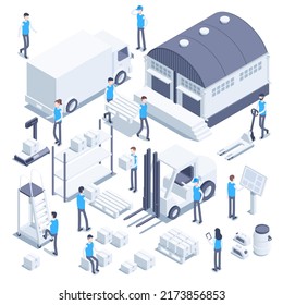 isometric vector illustration on a white background, people work in a warehouse with boxes and equipment, truck and loader near the warehouse