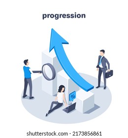 isometric vector illustration on a white background, people near a chart with an upward growing arrow, positive financial progression