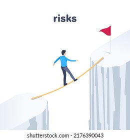 isometric vector illustration on a white background, a man in business clothes goes through the abyss along a thin straw, risks and the path to success