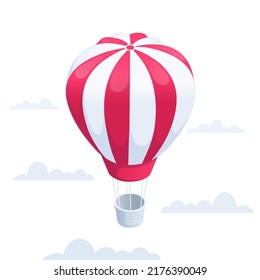 isometric vector illustration on a white background, hot air balloon flies in the sky among the clouds, promotion or advertising