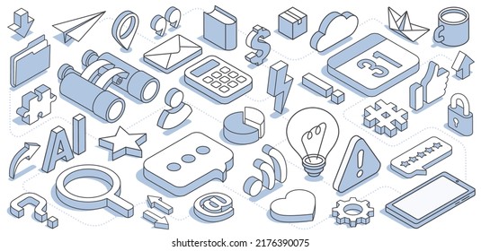 isometric vector illustration on a white background, a set of linear icons in the form of a composition for a banner, social networks or business