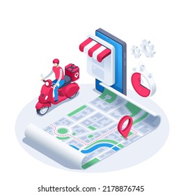 isometric vector illustration on a white background, a man on a red scooter from a delivery service near a map with a route and a location sign and a smartphone, delivering orders in the city