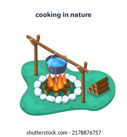 isometric vector illustration on a white background, a pot with boiling water over a fire in the grass, cooking in nature
