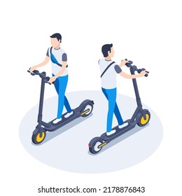 isometric vector illustration on a white background, a man on an electric scooter front and back view, a vehicle for fun and everyday driving or time rent