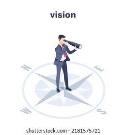 isometric vector illustration on a white background, a man in a business suit looks through a spyglass while standing on the compass pointers, business vision