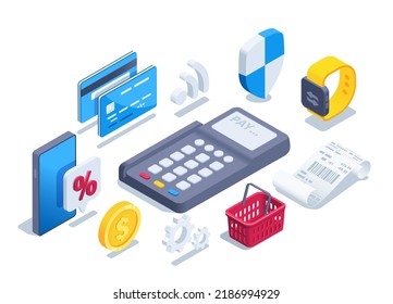 Isometric Vector Illustration On A White Background, A Set Of Icons On The Topic Of Cashless Payment Through The Terminal