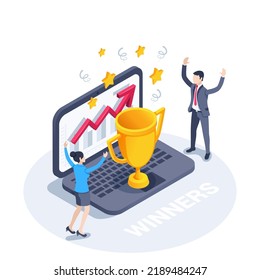 isometric vector illustration on white background, people in business suits celebrate achieving a goal and receiving a trophy, joy of success or winners