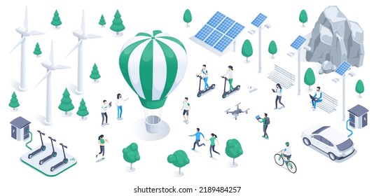 Isometric Vector Illustration On A White Background, Wind Turbines And Solar Panels As Alternative Energy, People On Scooters And Bicycles And Standing Near The Hot Air Balloon, Clean Energy