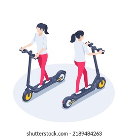 isometric vector illustration on a white background, a woman on an electric scooter front and back view, a vehicle for fun and everyday driving or time rent