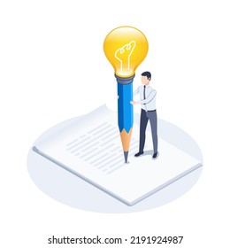 isometric vector illustration on a white background, a man in business clothes with a pencil at the end of which a light bulb shines and paper documents, a creative approach to work