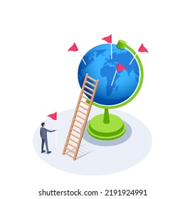 isometric vector illustration on a white background, a man in a business suit stands with a flag in front of a globe, global business and success in its expansion