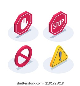 isometric vector illustration on a white background, a set of prohibition icons in the form of road signs, triangular and round shapes and octagonal