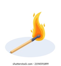 isometric vector illustration on a white background, a burning match lies on the ground, a fire hazard situation, precautions in handling fire