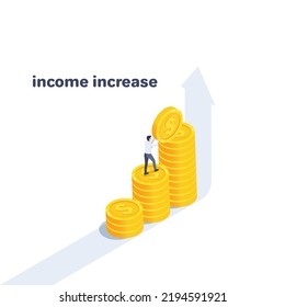 isometric vector illustration on a white background, a man in business clothes raises a gold coin on a chart of coins and an arrow going up, income increase