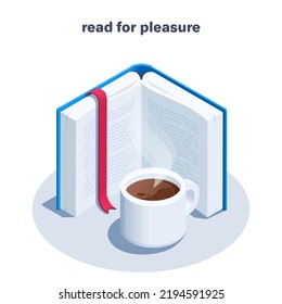 isometric vector illustration on a white background, an open book with a red bookmark and a cup of coffee with smoke, reading for pleasure