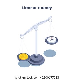 isometric vector illustration on a white background, scales on one bowl with a coin and on the other with a clock, time or money