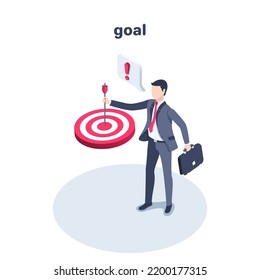 isometric vector illustration on a white background, a man in a business suit with a briefcase holds an arrow stuck in the center of the target, achieving success or goal