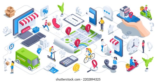 isometric vector illustration on a white background, a set of icons and sketches on the topic of ordering and delivering goods, a map with locations and delivery service workers on different vehicles