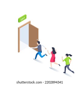 isometric vector illustration on a white background, an exit sign over an open door and people running there, evacuation or leaving the premises