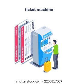 isometric vector illustration on a white background, a man buys air tickets in a ticket machine