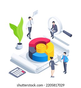 isometric vector illustration on a white background, people in business clothes work near a pie chart standing on a sheet of paper, financial team and work with analytics