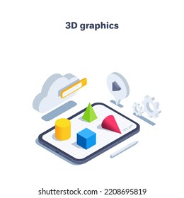 Isometric Vector Illustration On A White Background, A Tablet With Volumetric Figures On The Screen And Icons Of A Cloud And A Text Bubble With Gears, 3D Graphics