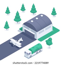 isometric vector illustration on a white background, small civil aircraft near the hangar, aviation biofuel