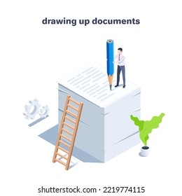 isometric vector illustration on a white background, a man in business clothes with a pencil on a high stack of papers, drawing up documents or signing