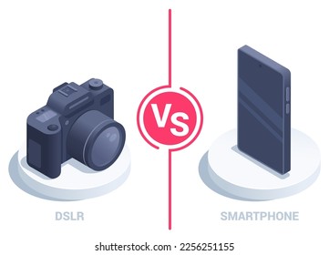 isometric vector illustration on a white background, a digital SLR camera VS a smartphone, which is better for taking photos and videos