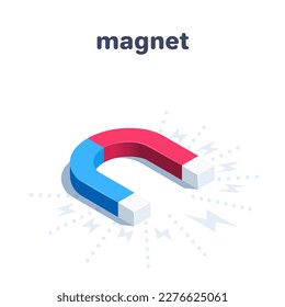 isometric vector illustration on a white background, a magnet emitting a magnetic field, the force of attraction of a magnet