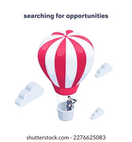 isometric vector illustration on a white background, a man in a business suit looks through a spyglass flying in a balloon above the clouds, searching for opportunities