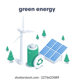 isometric vector illustration on a white background, a wind generator next to a solar panel and a large green battery and a regeneration sign, green energy