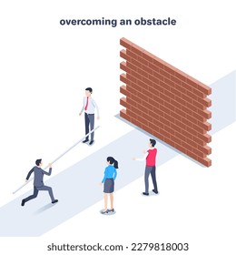 isometric vector illustration on a white background, a man in a business suit runs with a pole to overcome an obstacle in the form of a wall, overcoming an obstacle
