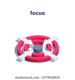 isometric vector illustration on a white background, icon in the form of a target with four arrows directed to the center, focus or business accent