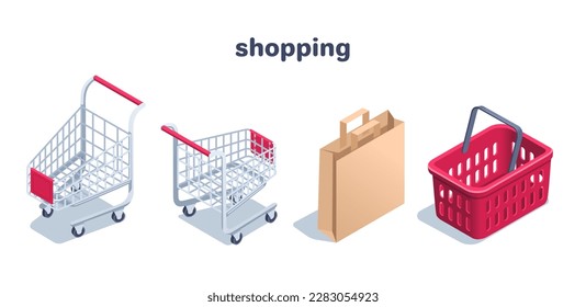 isometric vector illustration on a white background, a set of shopping carts and a basket and a paper bag, make purchases online or shopping