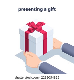 isometric vector illustration on a white background, the hands of a man in a business suit holding a box with a red bow, presenting a gift